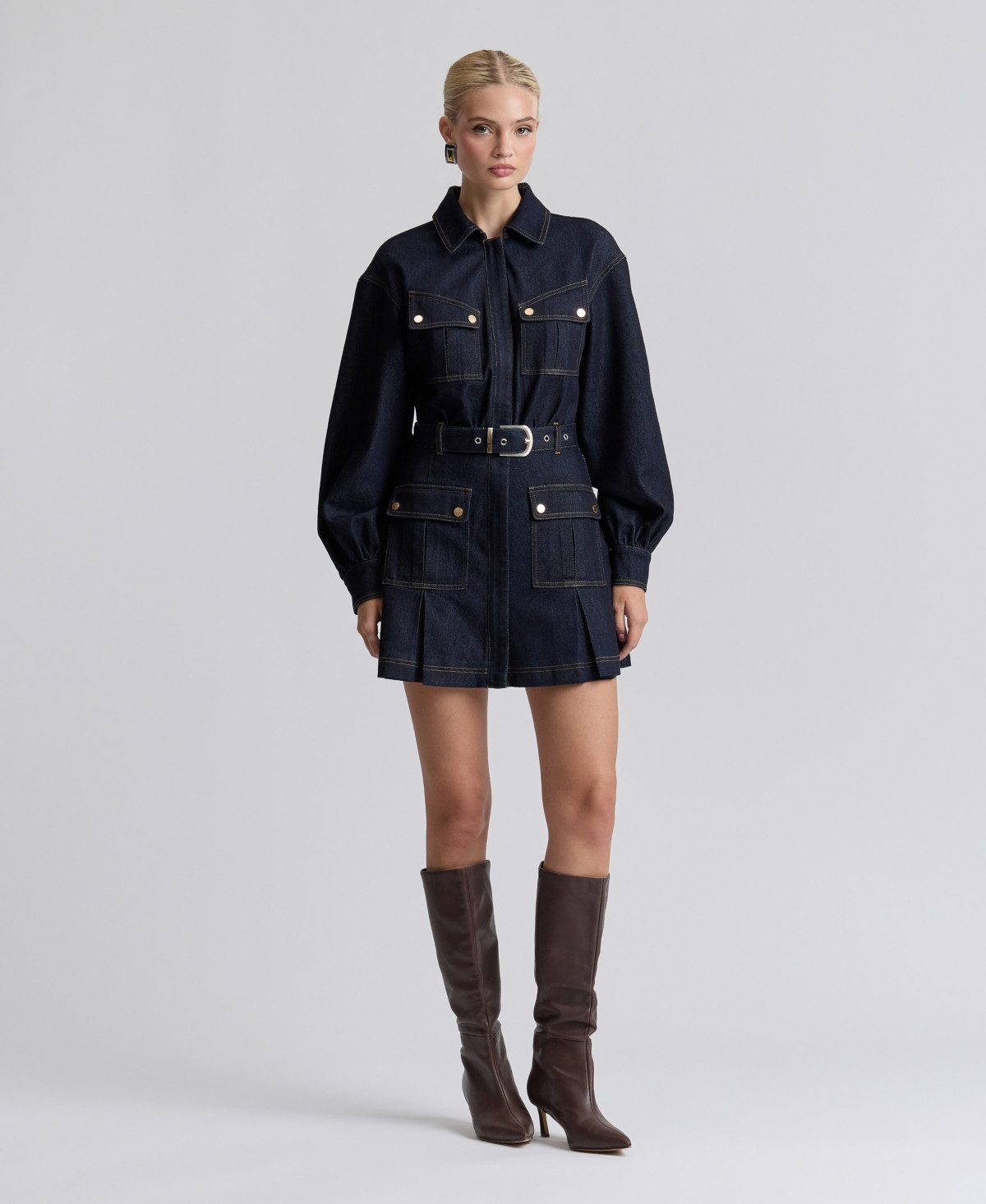 Avec Les Filles Women's Stretch Denim Belted Cargo Mini Dress - Dark Rinse | Macy's