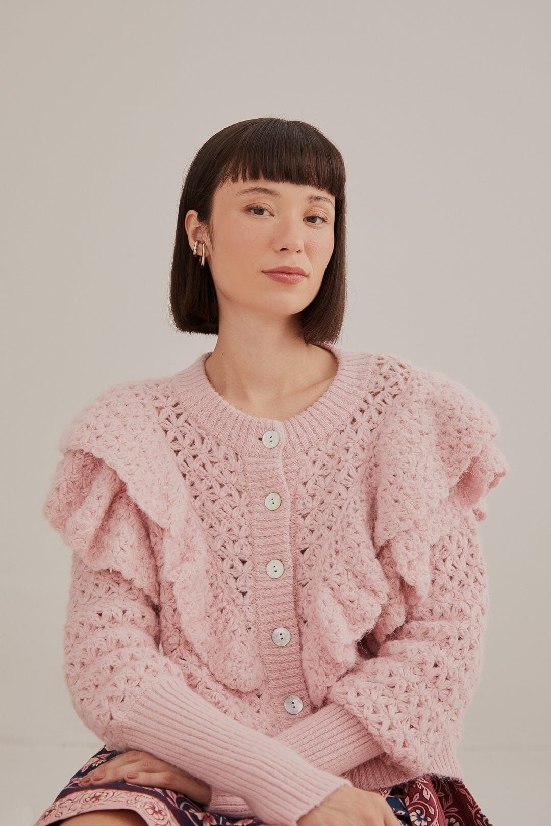 Pink Flower Texture Knit Cardigan | FarmRio