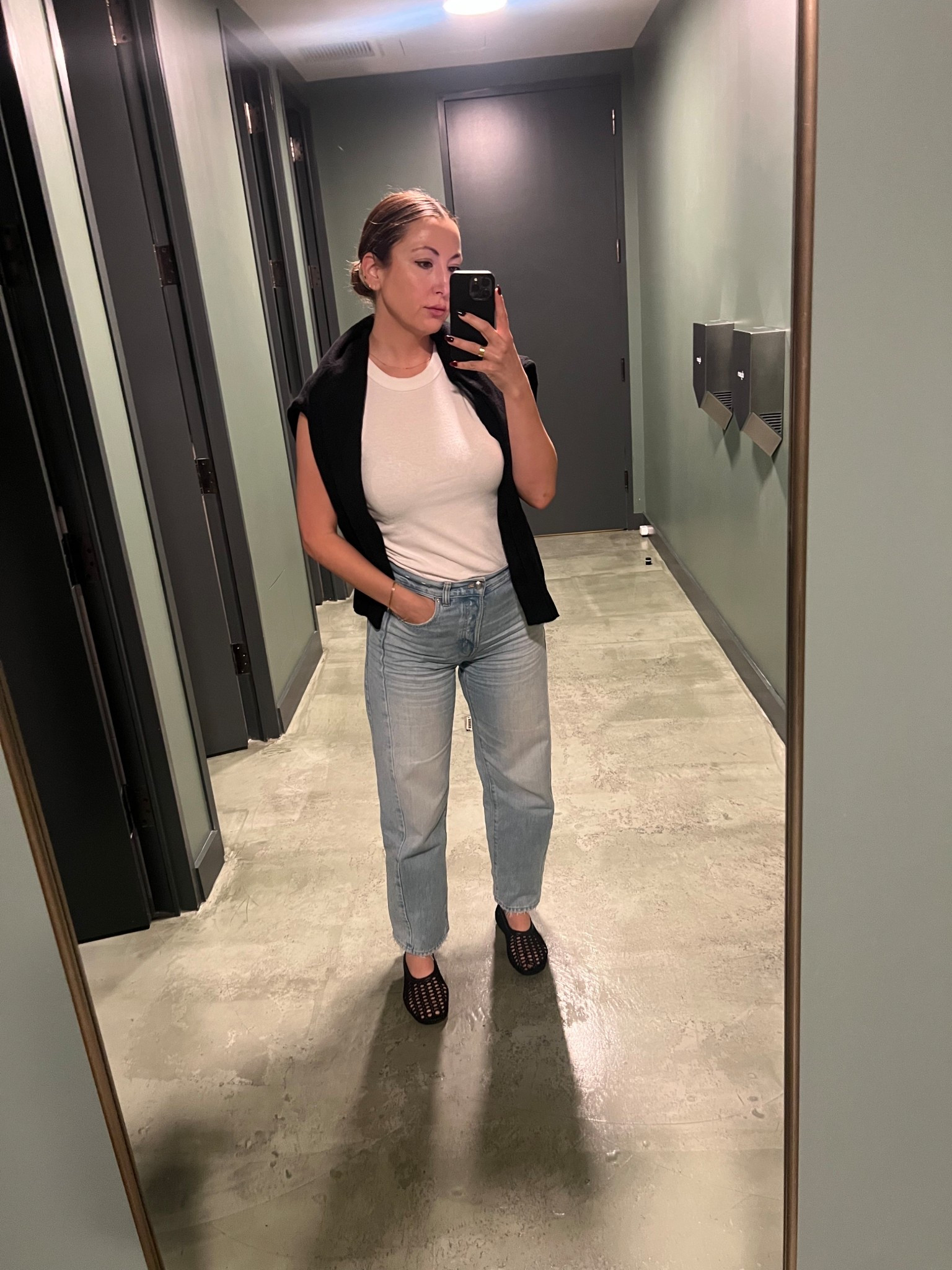 Casual Friday Work Outfit / Fall OOTD - Old Navy High Neck White Ribbed Tank + Madewell Button Fly Light Wash Barrel Leg Jeans + Old Navy Black V Neck Sweater + Simon Miller Black Mesh Flats

#LTKSaleAlert #LTKFindsUnder100 #LTKFindsUnder50