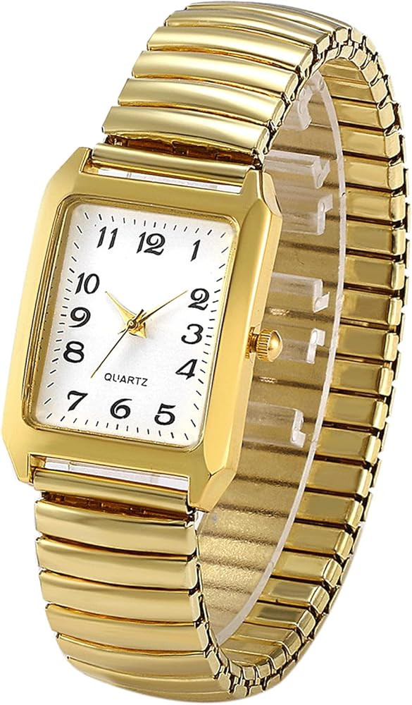 JewelryWe Women's Ultra Thin Easy Reader Watch with Elastic Strap, Golden/Silver Square Watch for... | Amazon (US)
