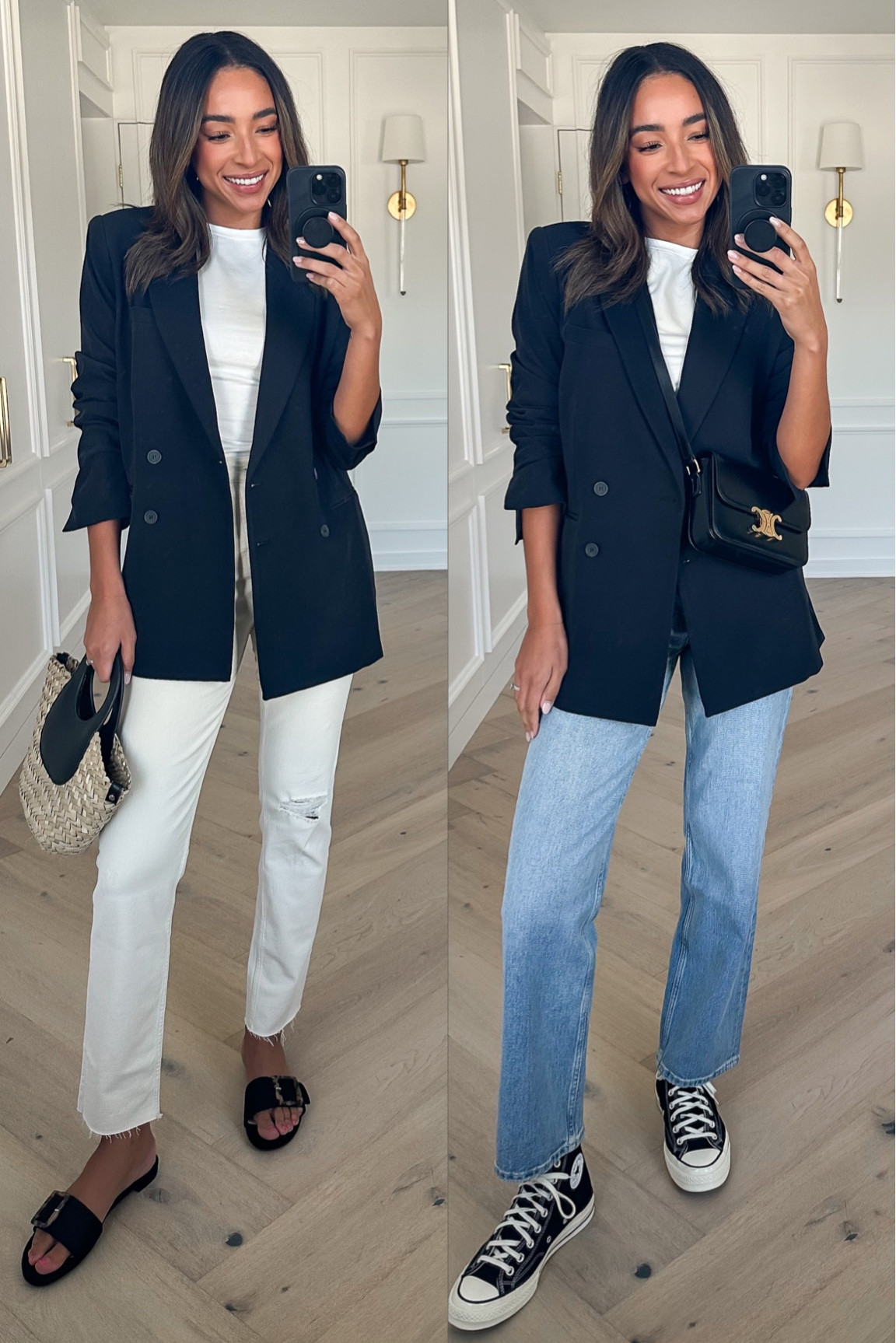 Summer to fall casual outfit 🖤 
Black Blazer: Size Small (oversized)
White tee: Size Small (fitted)
Relaxed jeans: Size 2 (loose fit)
Cream jeans: Size 2 (TTS)
@walmartfashion #walmartpartner #walmartfashion




Fall transitional outfit, black blazer outfit, errands outfit, Walmart fashion#LTKunder100 #LTKunder50

#LTKstyletip