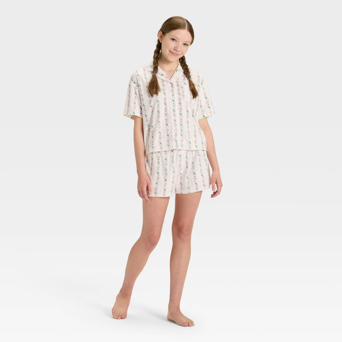 Girls' Floral Short Sleeve Button-Down Pajama Set - art class™ Pink XL | Target