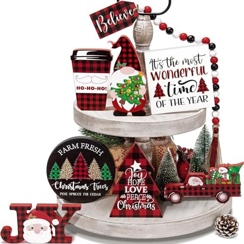 Christmas Tiered Tray Decor 8 PCS Xmas Decorations Indoor - Believe Merry Christmas Table Decor Wooden Signs - Xmas Farmhouse Decor 3 Tier or 2 Tier for Home Room Kitchen Mantel Holiday | Amazon (US)