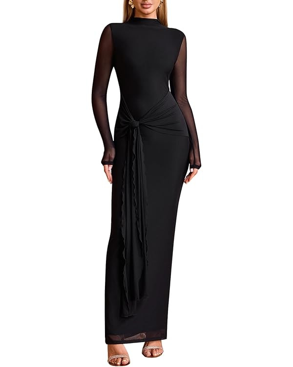 Women's Long Sleeve Bodycon Maxi Dress Mesh Tie Sexy Backless Fall Formal Wedding Guest Party Coc... | Amazon (US)