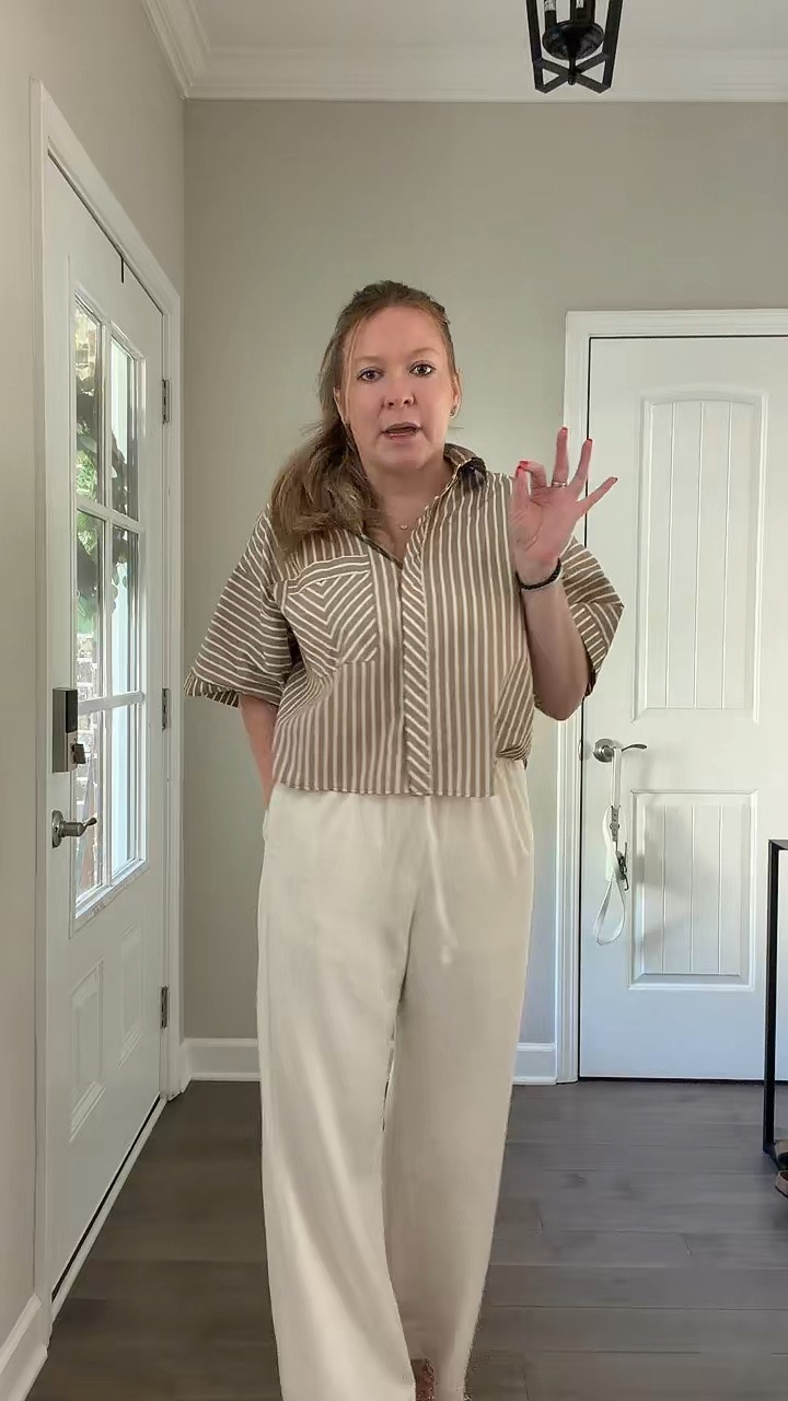 Cropped striped button down / tts wearing a medium 
Off white wide leg drawstring pants / tts wearing a medium 
Jelly cage shoes / tts

#LTKootd #LTKdayinmylife #LTKWorkwear