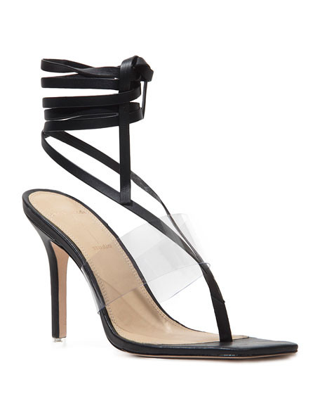 Black Suede Studio Melanie Ankle-Tie Stiletto Thong Sandals | Neiman Marcus