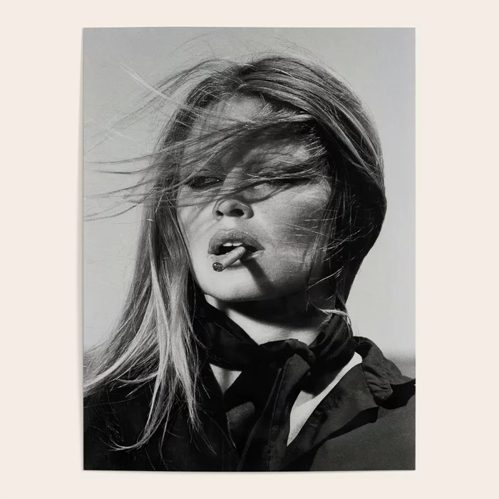 Brigitte Bardot Smoking a Cigarette, Black and White Photograph Poster | Society6