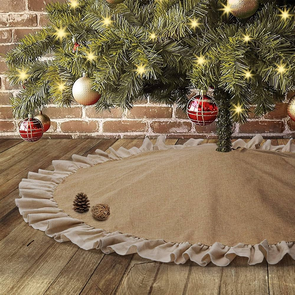yuboo Burlap Christmas Fall Tree Skirt with Ruffle Border,48" Linen Rustic Tree Ornaments for Far... | Amazon (US)