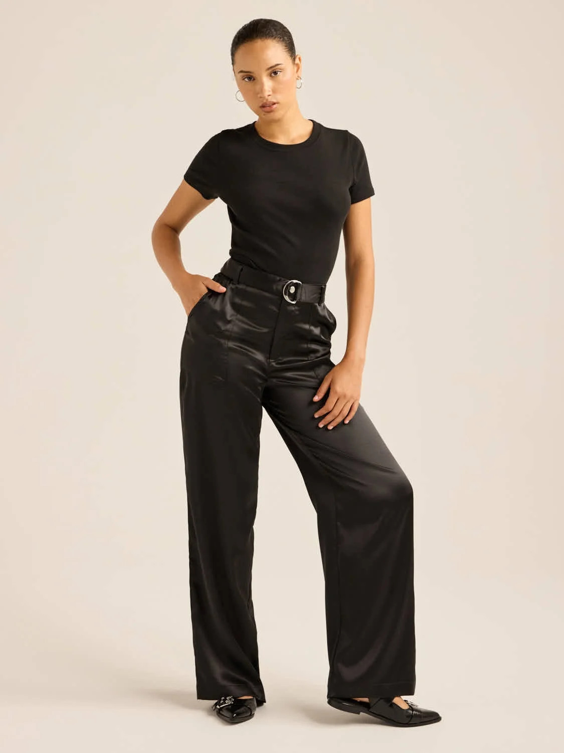 Scoop Women's Wide Leg Belted Satin Pants, Sizes 2-16 | Walmart (US)
