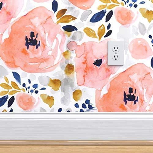 Peel & Stick Wallpaper 3ft x 2ft - Floral Watercolor Coral Blush Pink Navy Mustard Girly Custom Remo | Amazon (US)