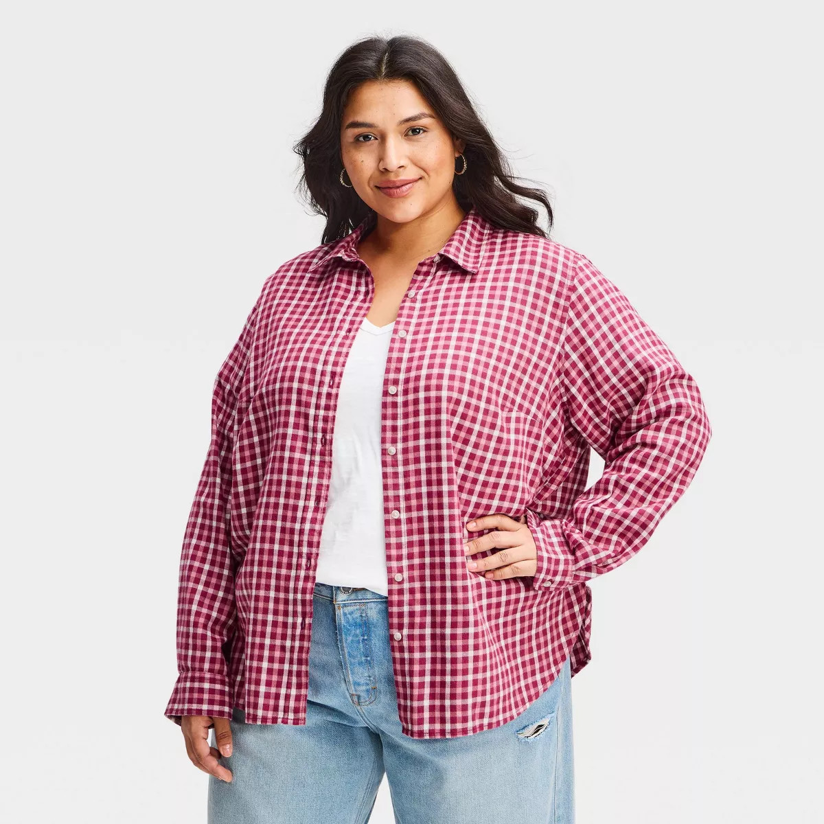 Women's Long Sleeve Relaxed Fit Flannel Button-Down Shirt - Universal Thread\u2122 Pink XS | Target