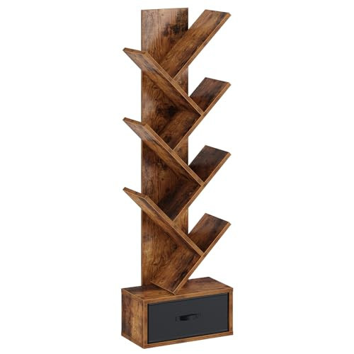 Rolanstar 7 Tier Bookshelf with Drawer, Tree Bookshelf, Small Bookshelves with Storage Rack for CDs/Movies/Books, Standing Book Shelf, Tall Narrow Bookcase for Living Room, Bedroom, Rustic Brown | Amazon (US)