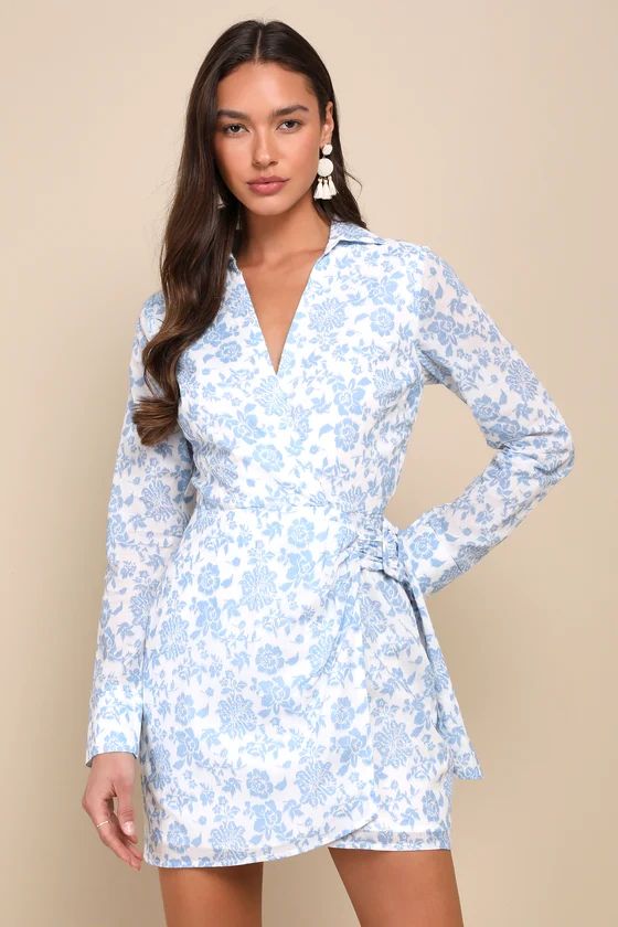 Made to Charm White & Blue Floral Collared Buckle Mini Dress | Lulus