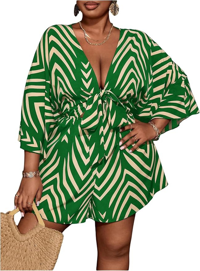 Amazon.com: SOLY HUX Women's Plus Size Romper Striped V Neck Tie Front 3/4 Sleeve Loose Short Jum... | Amazon (US)