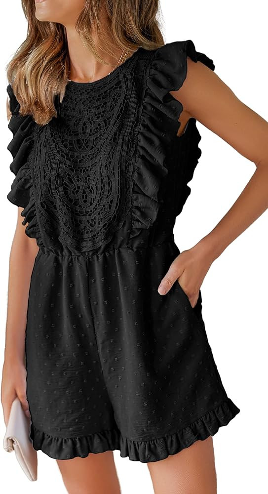 Angashion Womens Rompers 2023 Dressy Summer Casual Embroidery Lace Print One Piece Outfit Ruffle ... | Amazon (US)