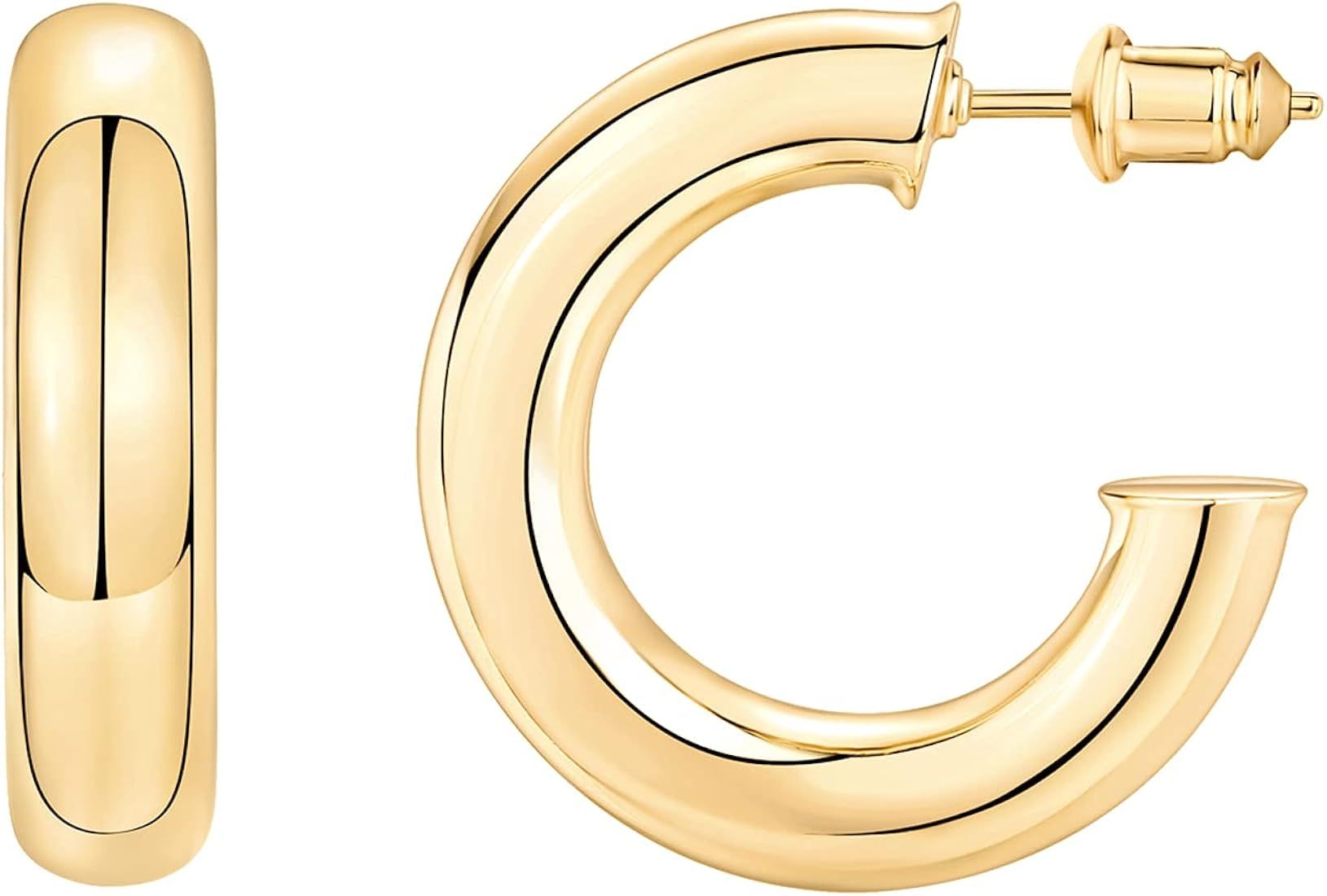 PAVOI 14K Gold Colored Extra Chunky 6.5mm Lightweight Open Hoops | Gold Hoop Earrings for Women | Amazon (US)