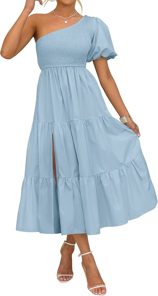 ZESICA Women's 2024 Boho Summer One Shoulder Short Sleeve Smocked Side Split Ruffle Swing Midi Dr... | Amazon (US)