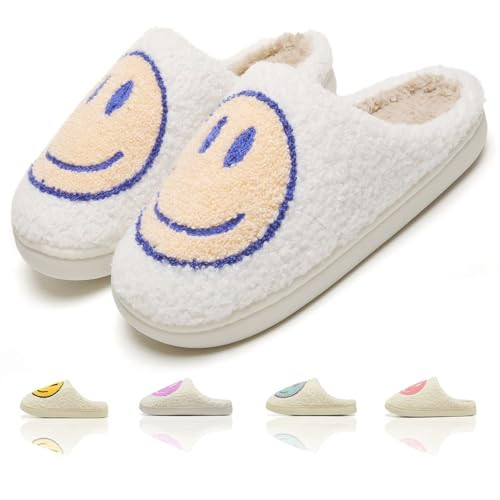 KNUAKA Cute House Slippers Retro Happy Face Cozy Indoor Outdoor Fuzzy Plush Slip on Comfy Trendy shoes(beige,40/41) | Amazon (US)