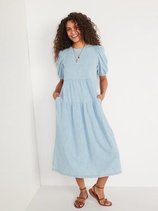 Tiered Chambray Puff-Sleeve All-Day Midi Swing Dress for Women | Old Navy (US)