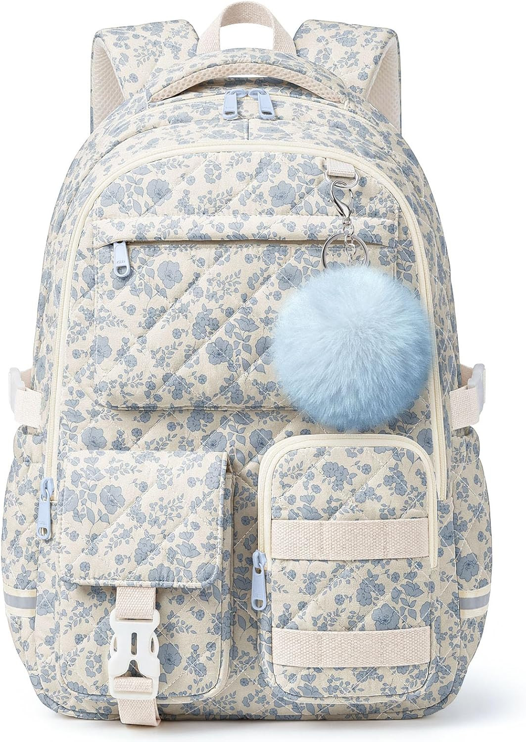 Quilted Backpack for Teen Girls, Cute Blue Floral School Backpack with Multi-Pocket Design, Light... | Amazon (US)