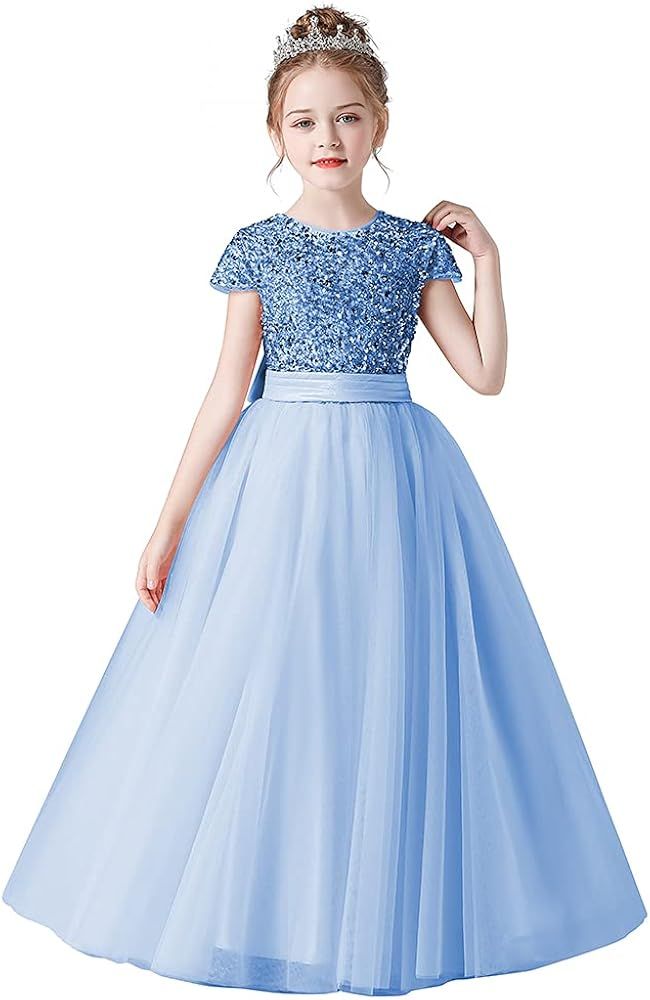 Flower Girl Dresses Wedding Bridesmaid Sequins Tulle Puffy Skirt Girls Birthday Party Pageant Gown F | Amazon (US)