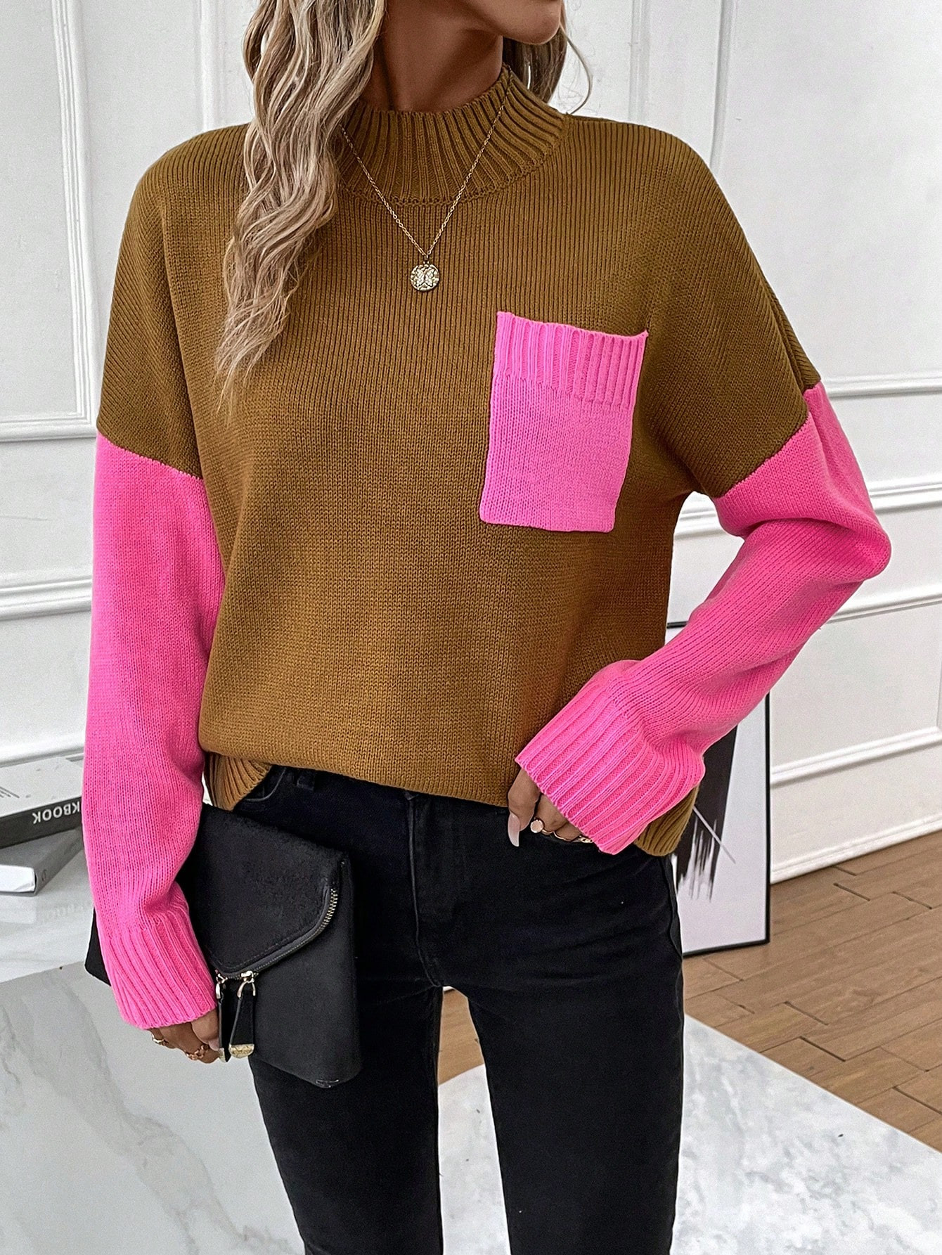 SHEIN Essnce Two Tone Patched Pocket Drop Shoulder Mock Neck Split Hem Sweater | SHEIN