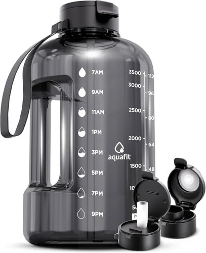 AQUAFIT 1 Gallon Water Bottle with Time Marker - Straw & Chug Lid - BPA Free Gym Water Bottle with Straw - Big Gallon Jug (Gray, 128 oz - 2 Lids) | Amazon (US)