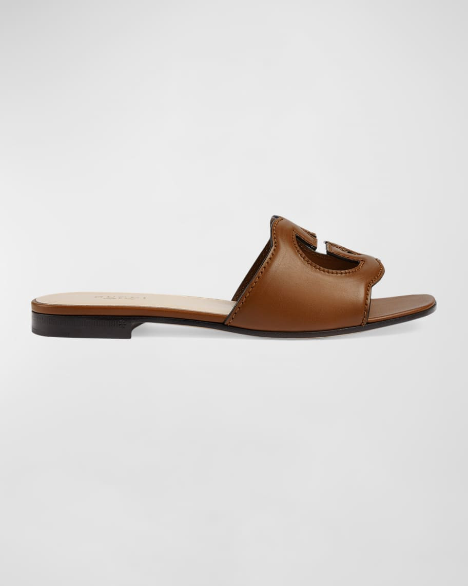 Gucci Leather Logo Cutout Flat Sandals | Neiman Marcus
