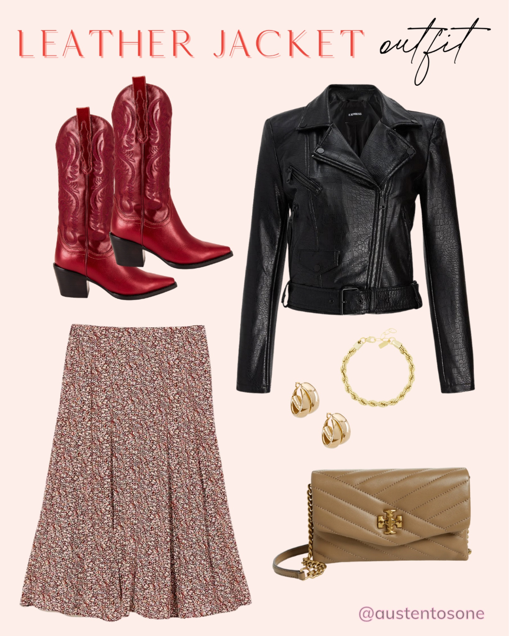 Fall outfit idea featuring some key staples: a leather jacket, cowboy boots, and a midi skirt. Pair this outfit with some gold jewelry and a neutral bag and you’re good to go  

#LTKSeasonal #LTKunder100