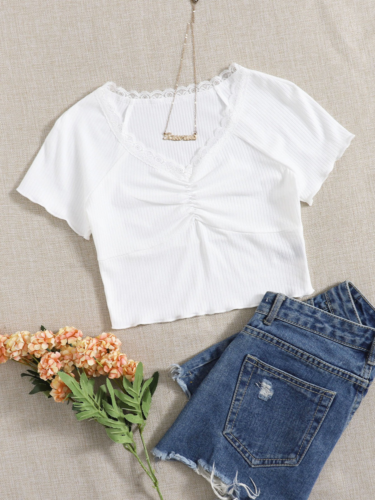 SHEIN EZwear Lace Trim Raglan Sleeve Ruched Rib-knit Crop Tee | SHEIN