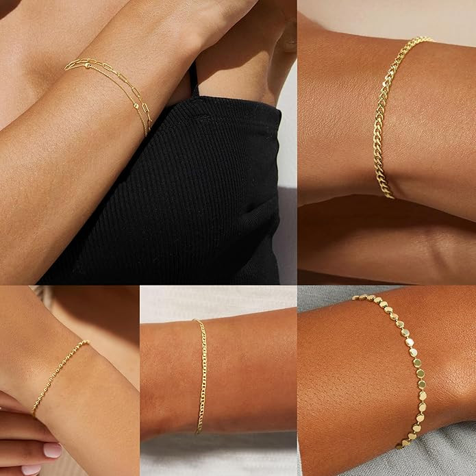 Dainty 14K Gold Bracelets for Women - Waterproof Stackable Gold Bracelet Set - Perfect for Stylis... | Amazon (US)