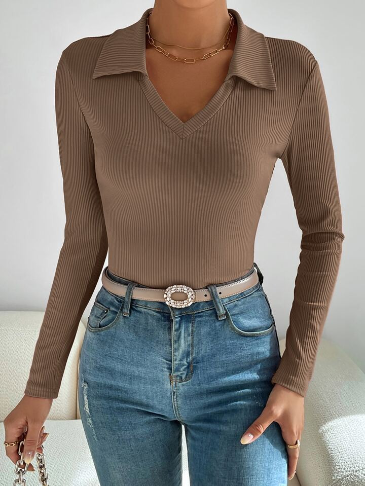 SHEIN Essnce Solid Ribbed Knit Tee | SHEIN