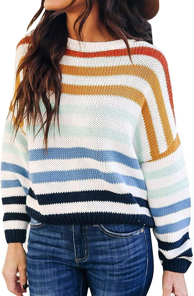 Women's Long Sleeve Crew Neck Striped Color Block Casual Loose Knitted Pullover Sweater Tops | Amazon (US)