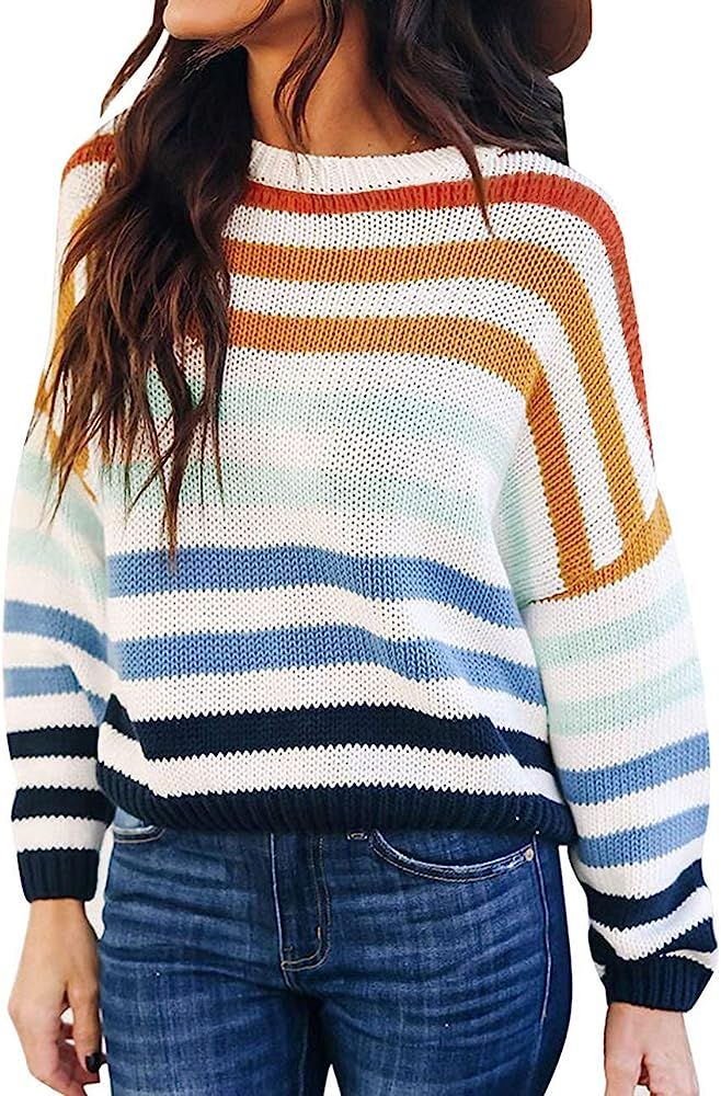 Women's Long Sleeve Crew Neck Striped Color Block Casual Loose Knitted Pullover Sweater Tops | Amazon (US)