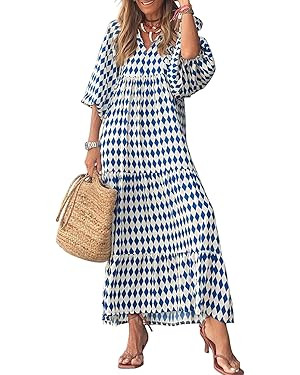 miduo Womens Loose Fit Casual Summer V Neck Half Sleeve Bohemian Geometric Pattern Maxi Long Dres... | Amazon (US)