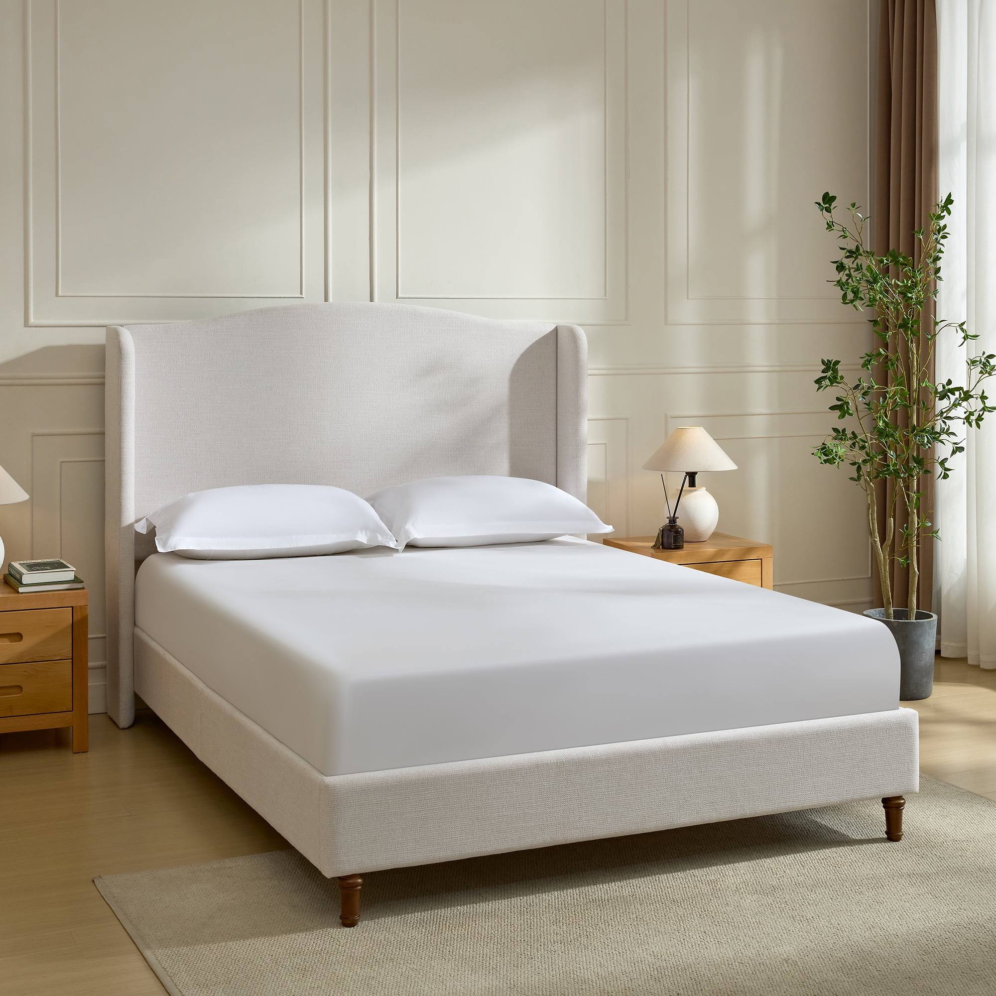 Miniyam 54" High Queen Size Upholstered Bed with Wingback Headboard for Adult, Ivory White | Walmart (US)