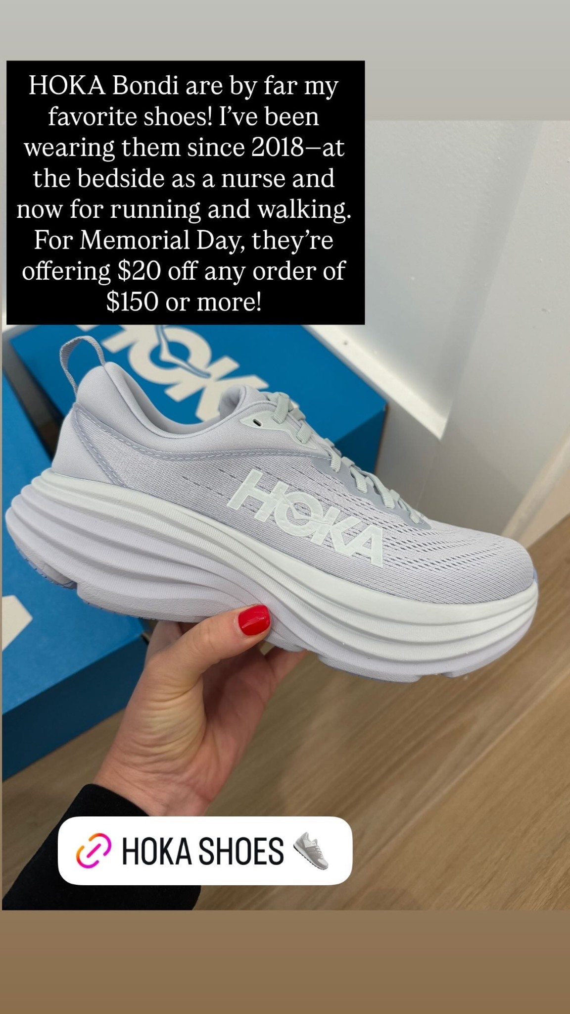 HOKA Bondi will forever be my favorite shoes! 💜 I’ve been wearing them since 2018—first at the bedside as a nurse, and now for running + walking. 👟 For Memorial Day, you can grab $20 off any order of $150 or more! 

#LTKSeasonal #LTKSaleAlert #LTKActive