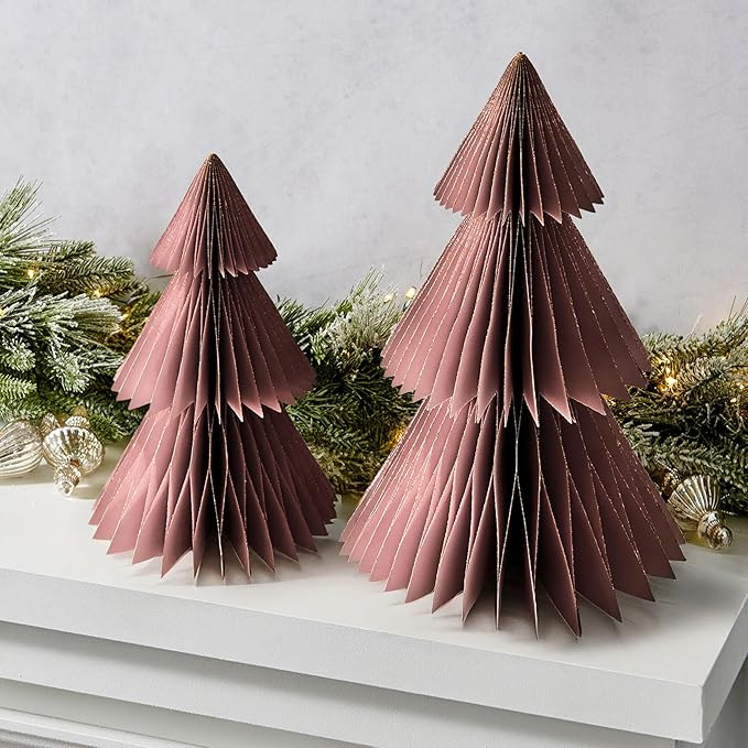 LampLust Paper Christmas Tree Decor, 2 Pack Honeycomb Paper Trees, 10 & 12 Inch, Dusty Rose & Gol... | Amazon (US)