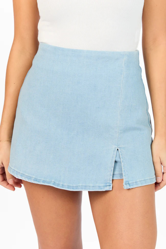 My Favorite Medium Wash Acid Wash Side Slit Denim Skort | Pink Lily