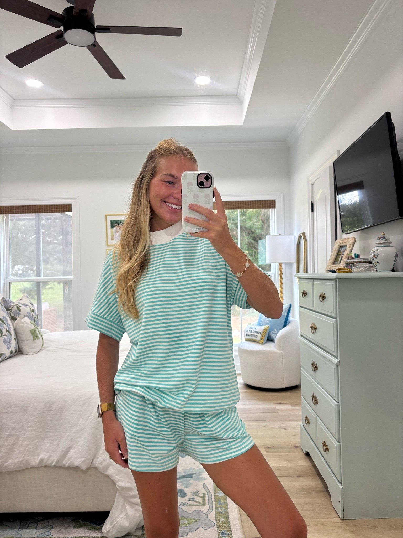 Mockneck lounge set! Love the short sleeve 💚 this is the green color! 
I sized up to a medium for a bigger top and rolled the shorts down!

#LTKU #LTKootd #LTKSaleAlert