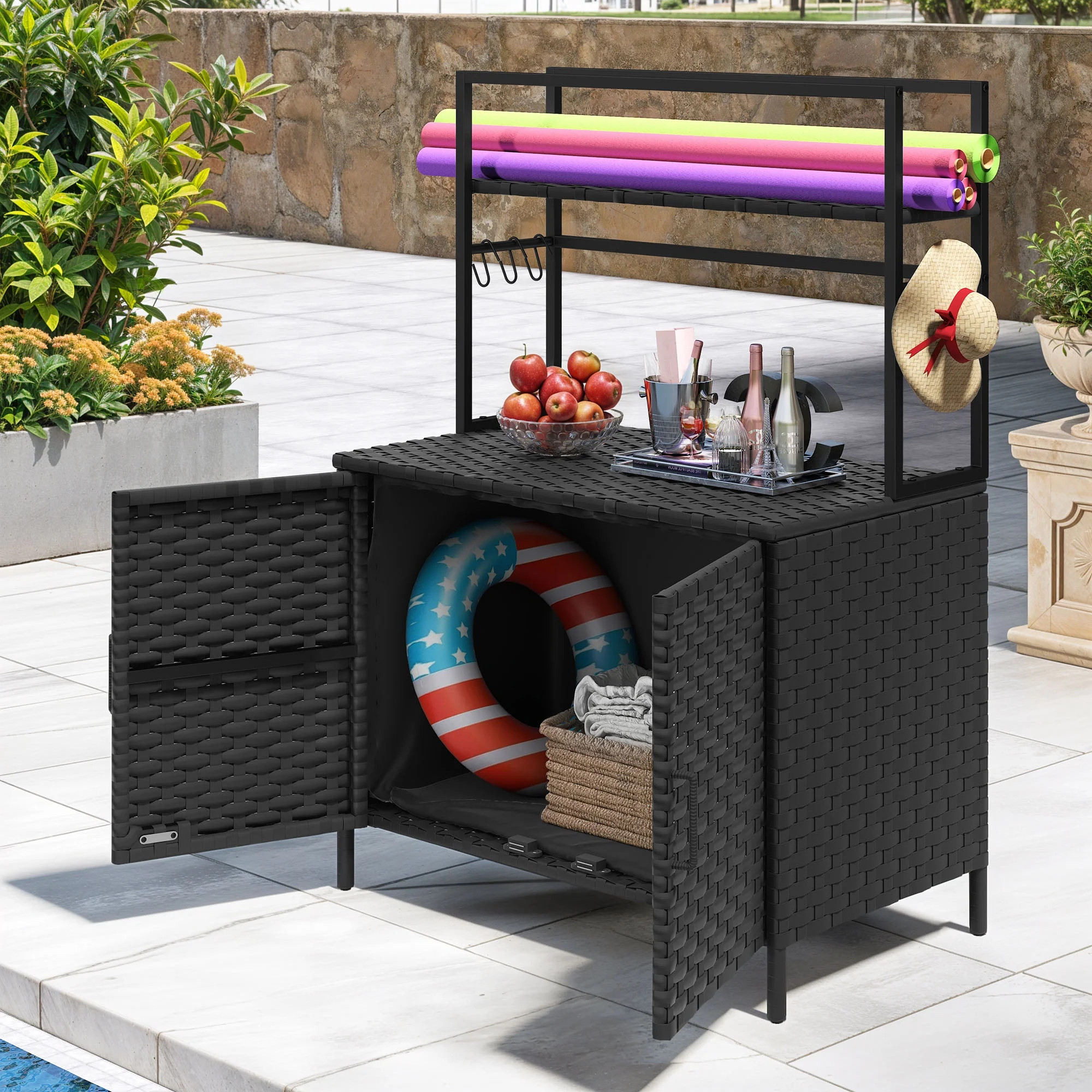 Uforic Outdoor Woven Resin Pool Storage Cabinet with 6 S-Hooks - Durable PE Rattan Multi-function... | Walmart (US)
