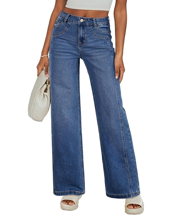 Sidefeel Wide Leg Jeans for Women High Waisted Stretchy Jeans Straight Leg Trendy Patchwork Denim... | Amazon (US)