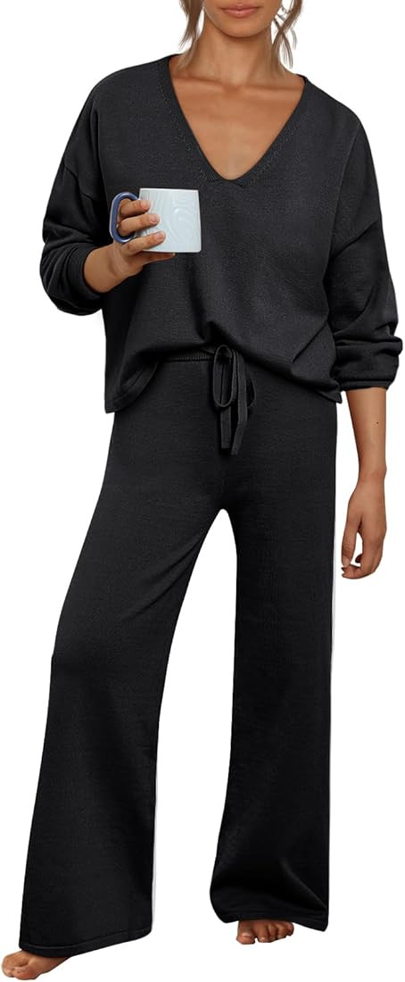 LILLUSORY Women's Two Piece Outfits Knit Sweater Long Sleeve Top Fall and Loose Wide Leg Pants Lo... | Amazon (US)