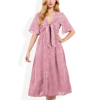 Anna-Kaci Women's Polka Dot Midi Dress with Front Tie Detail Short Sleeves and Button Front Design for a Flattering Fit- Small, Pink | Target