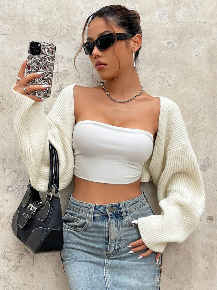 SHEIN ICON Y2K Grunge Drop Shoulder Open Front Crop Cardigan Without Tube Top | SHEIN