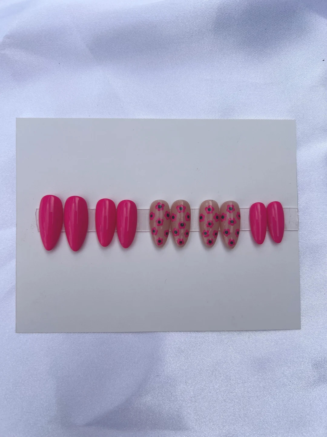 Luxury Hand Painted Press on Nails Green Pink Flowers - Etsy | Etsy (US)