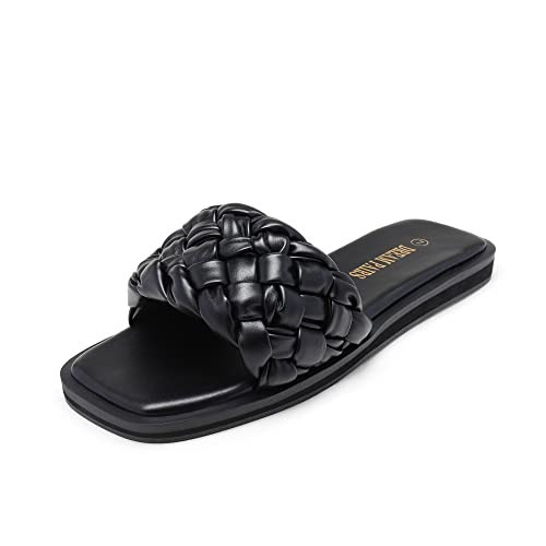 DREAM PAIRS Women's Square Open Toe Slide Sandals Cute Slip on Braided Slides Flat Sandals for Summer,Size 5.5,Black/Weave,SDSS2212W | Amazon (US)