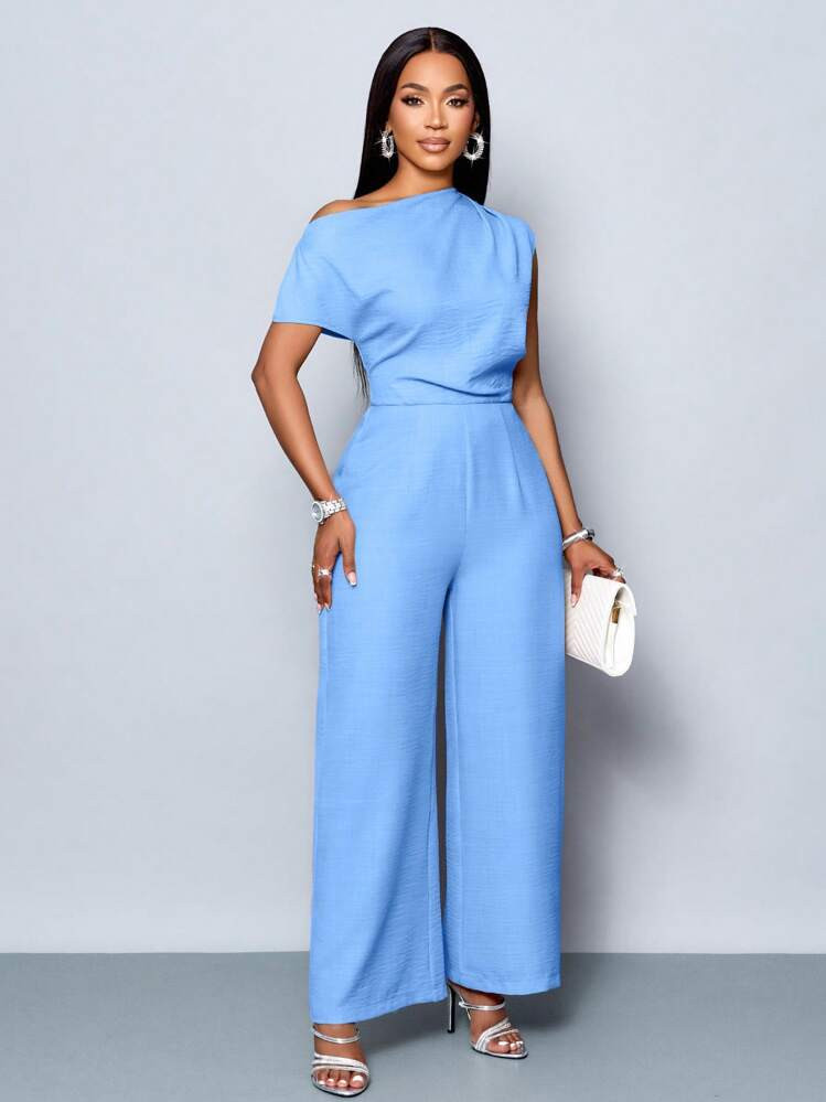 SOLERSUN Four Seasons Women's Wear Commuting Elegance Daytime Outing Casual Simple Apricot Off-Shoulder Asymmetrical Neckline Shoulder Pleats Short Sleeve Wide Leg Jumpsuit | SHEIN