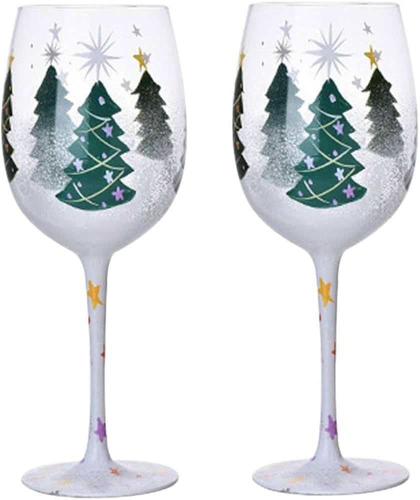 2pcs Glass Painted Christmas Wine Glass Goblet Santa Claus Christmas Tree Holiday Wine Glass Gift... | Amazon (US)