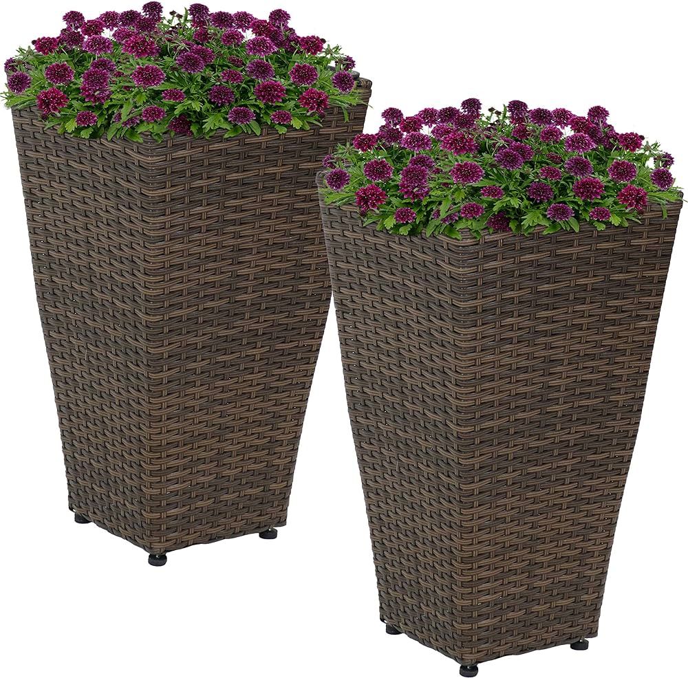 Sunnydaze Tall Square Polyrattan Indoor/Outdoor Planter - 20-Inches Tall - Set of 2 - Brown | Amazon (US)